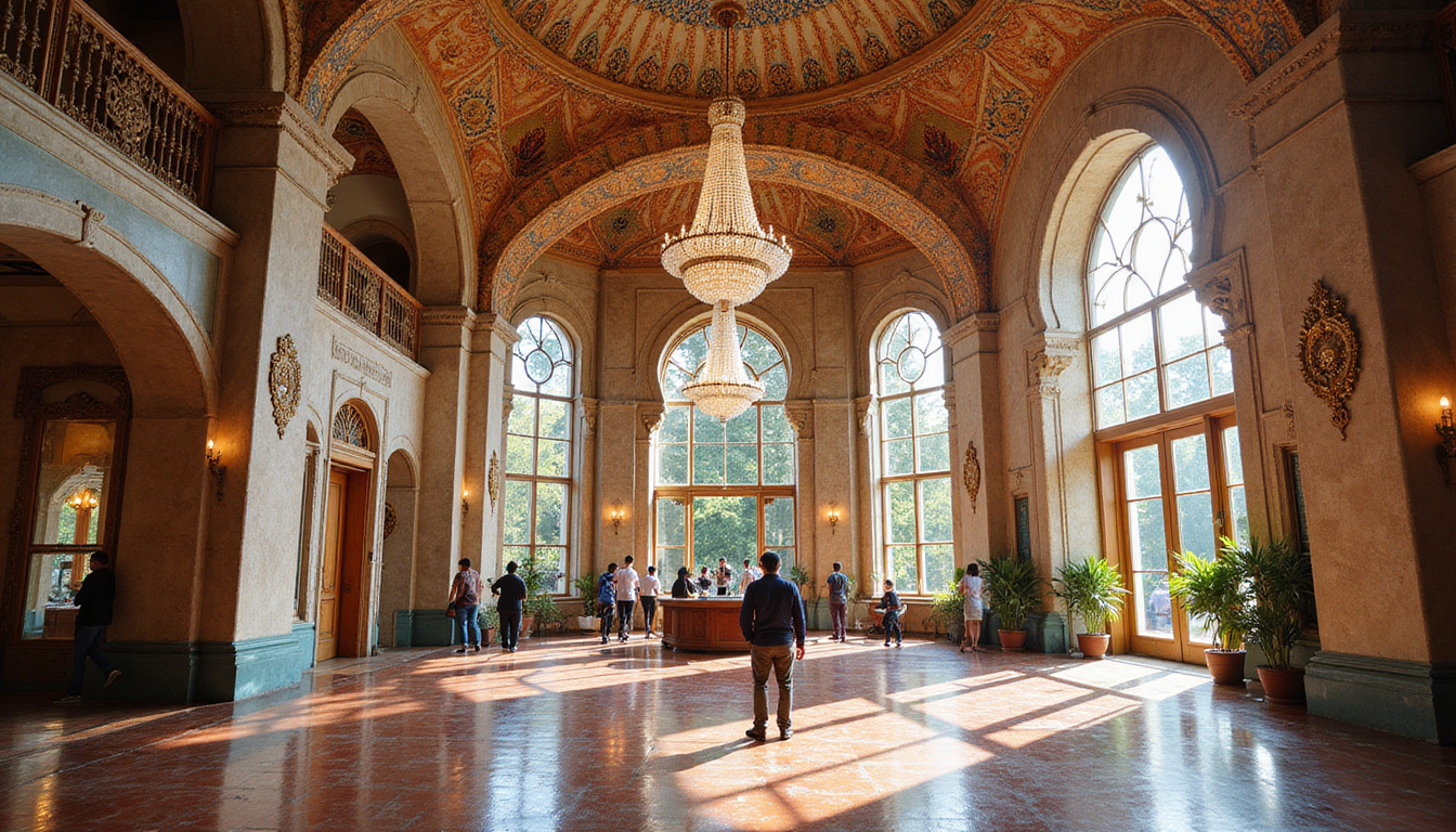 Opulent Ottoman-style lobby with crystal chandeliers, intricate mosaics, rich textiles, tourists admiring grandeur