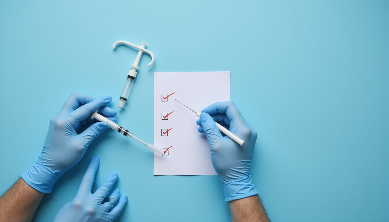  Top-down view clinician hands preparing injection beside checklist with ticks, calm blue