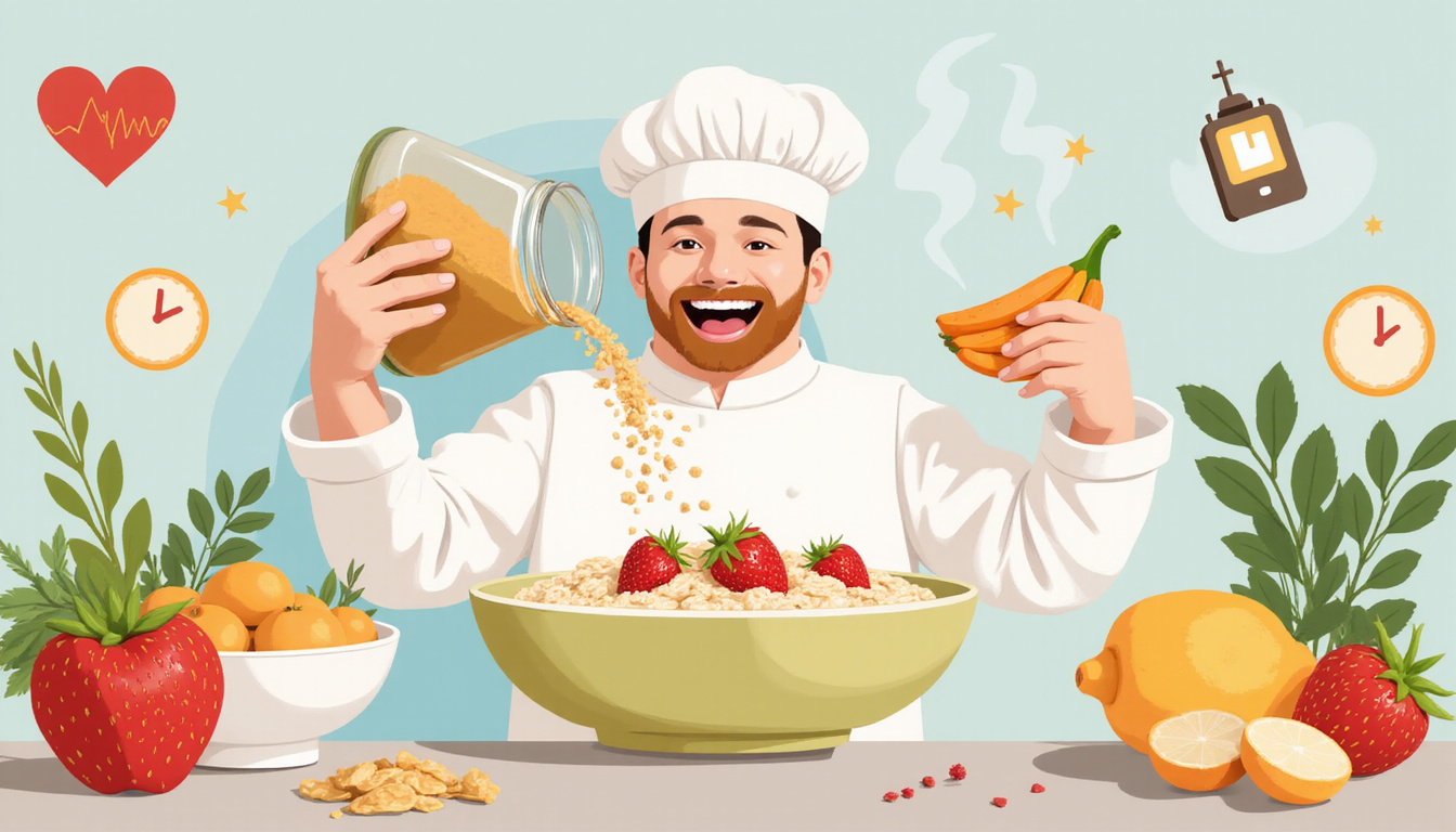  Chef sprinkling monk fruit sweetener over steaming oatmeal, illustrated health icons: heart, sugar monitor, fresh herbs