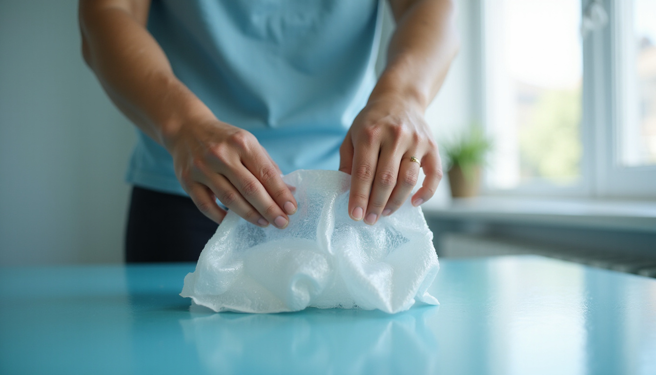  Relief scene: person applying ice pack and stretching, sunlight, calm blue tones, healing focus