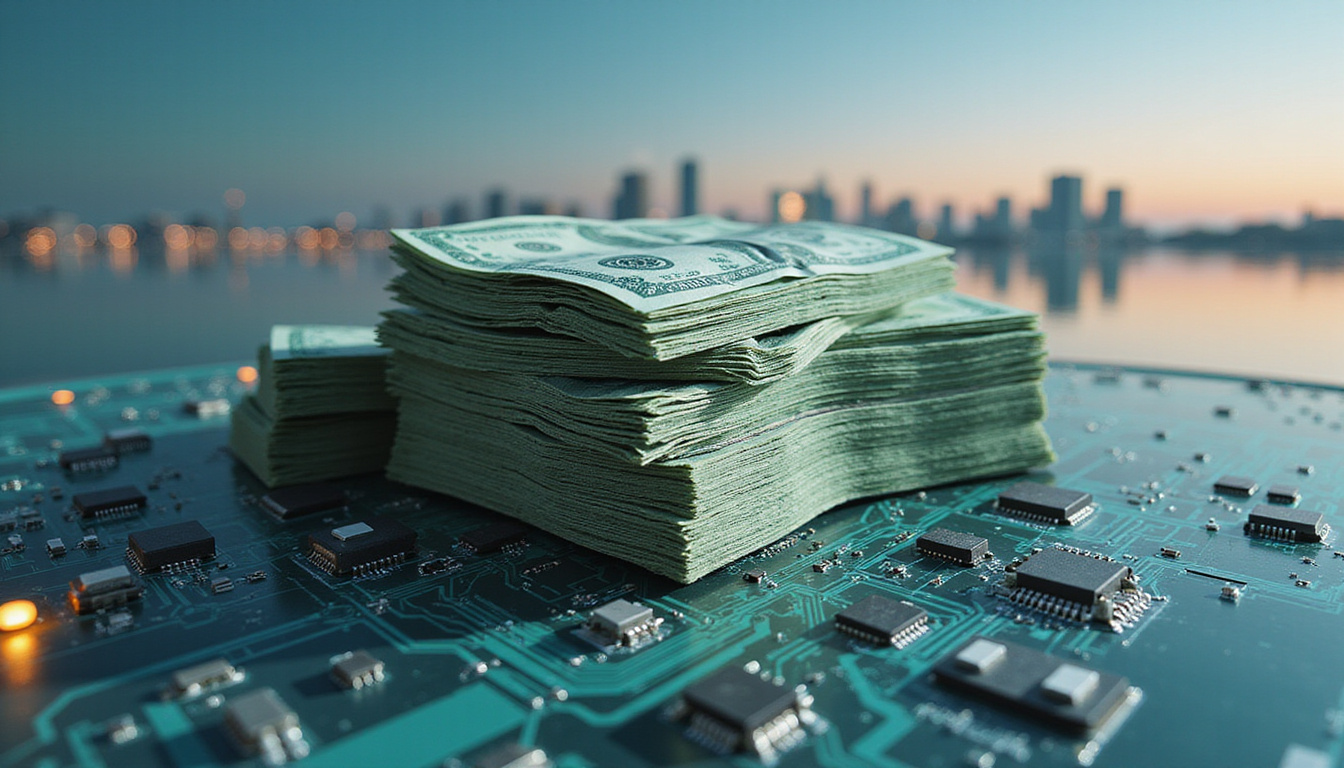  Close-up stack of cash morphing into circuit boards, sustainable city skyline, vibrant clean colors