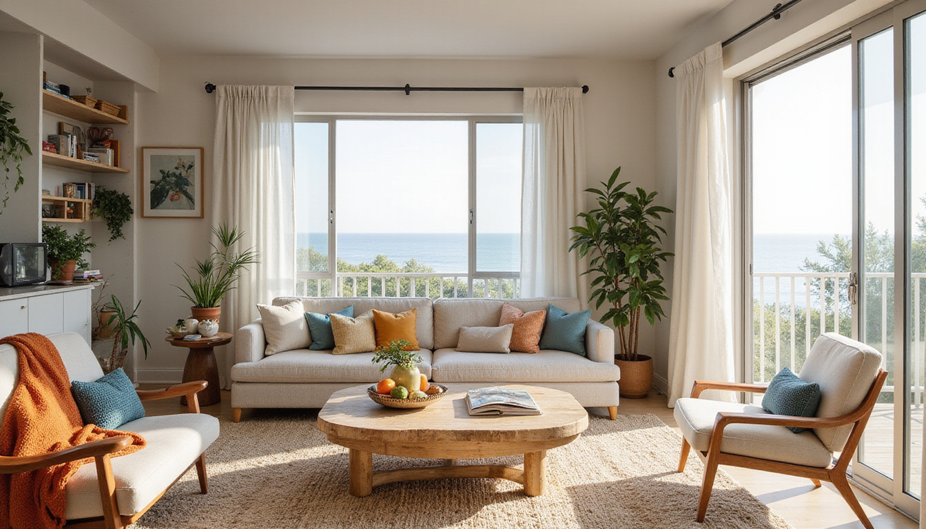 Before-and-after living room split, cluttered chaos transforming into minimalist coastal retreat, warm afternoon light