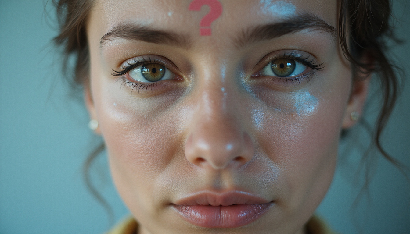Close-up human face with open question mark, layered translucent memories, calm clarity