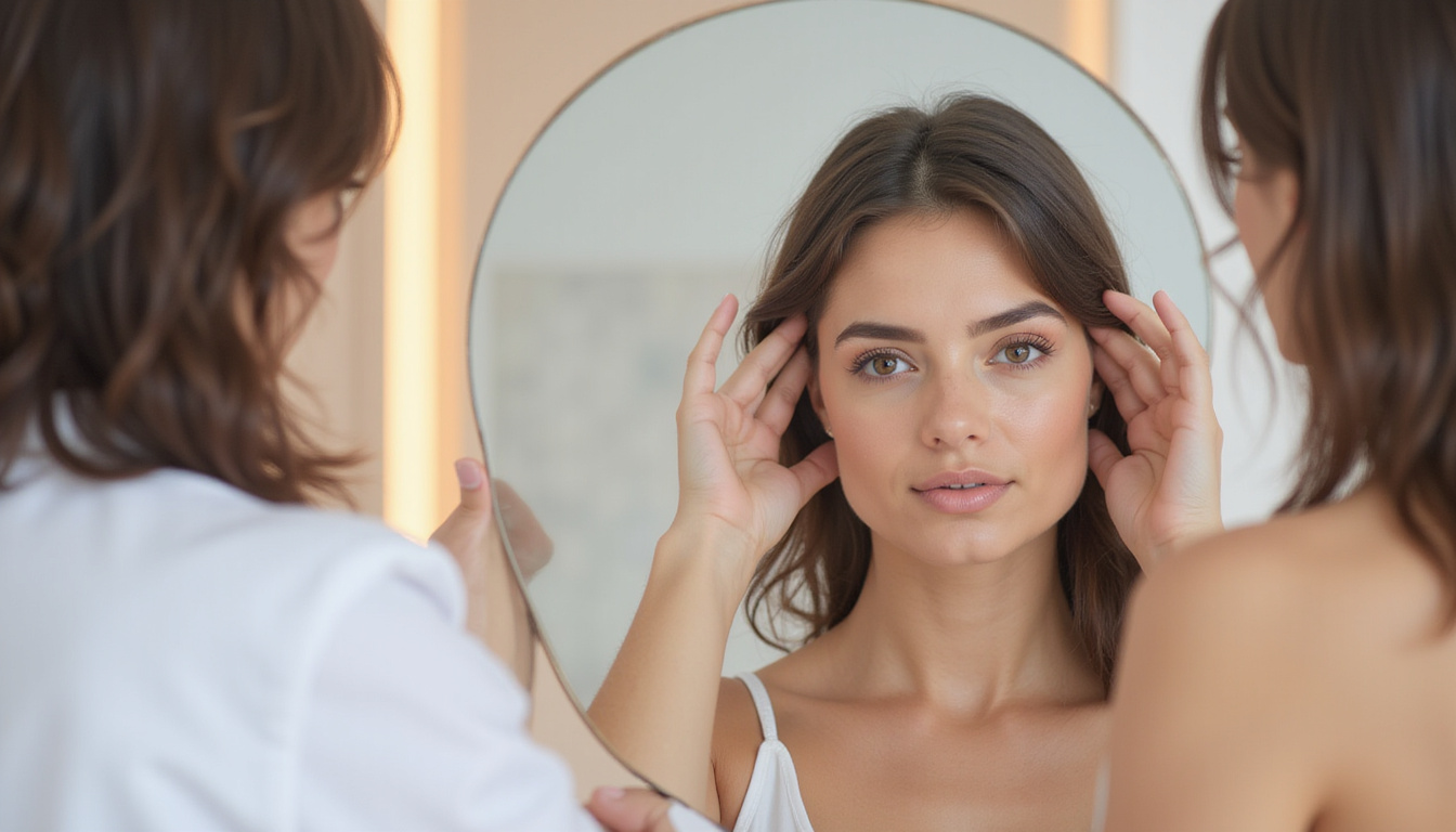  Confident person examining before-and-after hair regrowth mirror, vitamins, dermatologist consultation scene