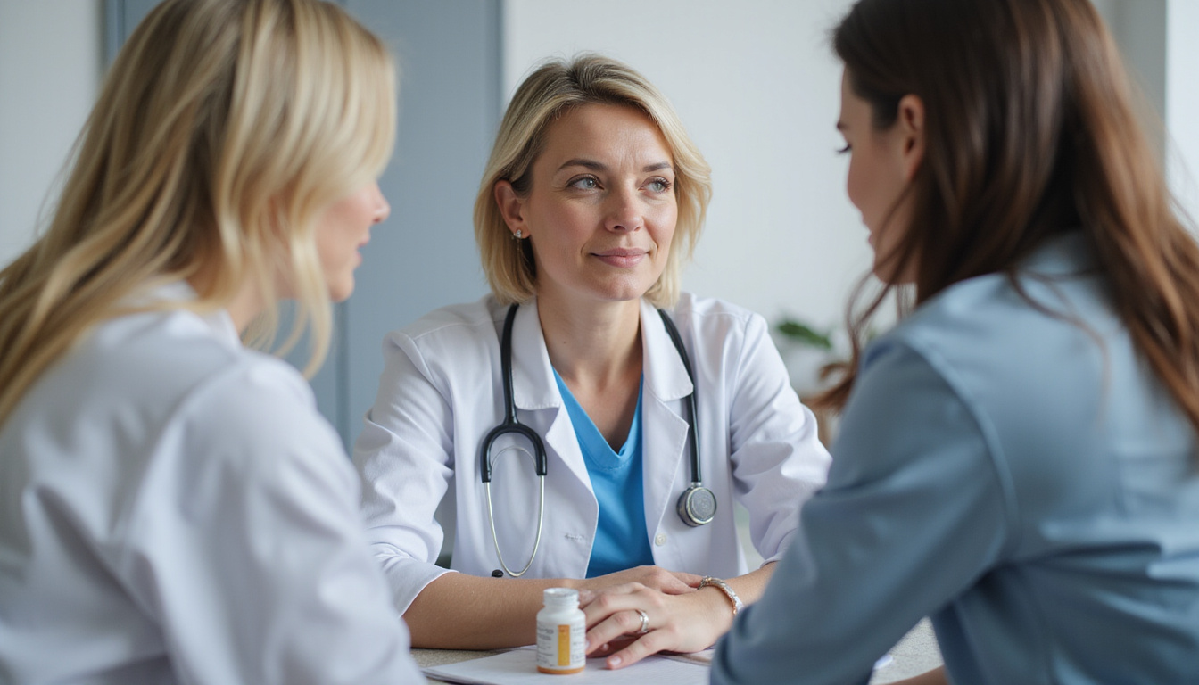  Dermatologist reviewing HRT plan with patient, medication bottles, before-and-after photos, candid cinematic lighting