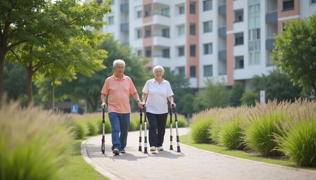 Outdoor rehabilitation park near HDB blocks, elderly moving with walking aids, joyful community