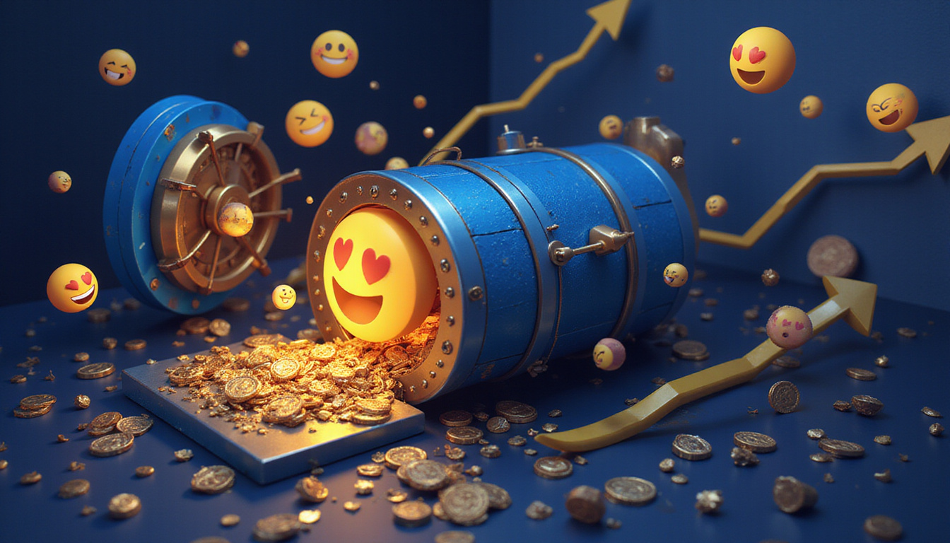Secret vault of customer emotions, floating emojis, data streams, golden arrows driving sales upward