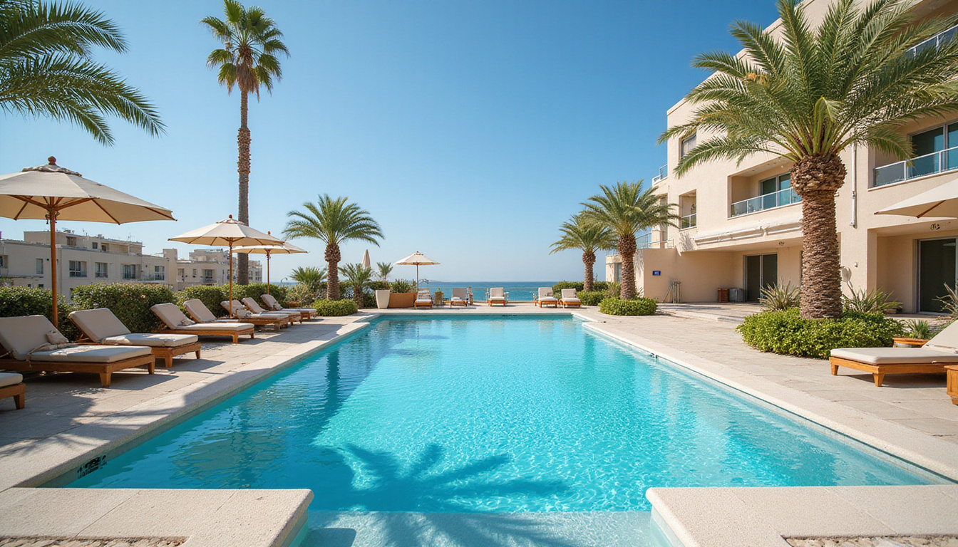  Luxurious rooftop pool, palm trees, concierge with map and Arabic calligraphy accents