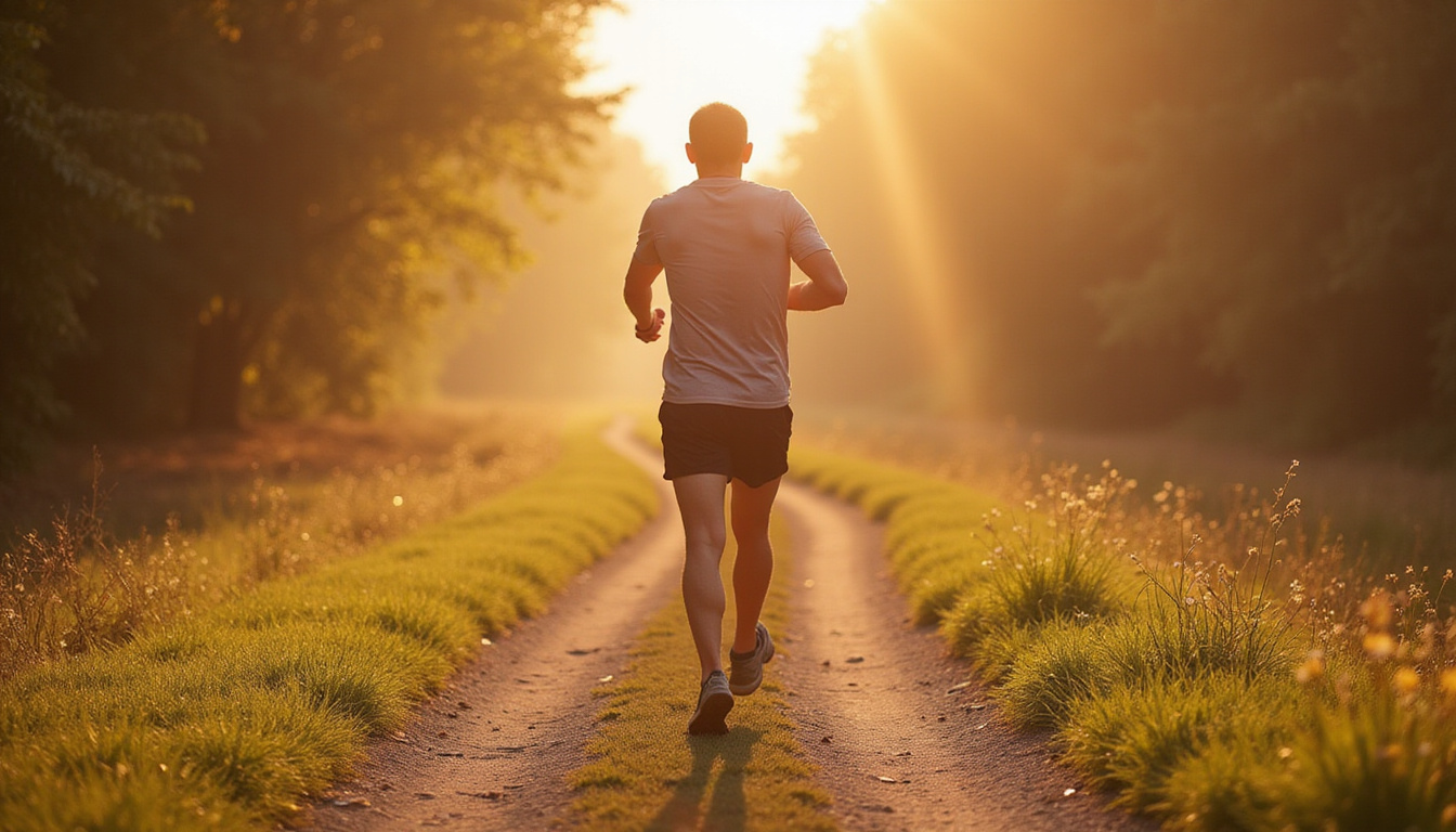  Active middle-aged patient jogging pain-free on trail, healed knees glowing, regained mobility and joy