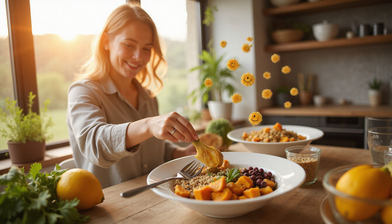  Sunlit breakfast prep: smiling person arranging quinoa, beans, roasted squash bowls, energy icons floating