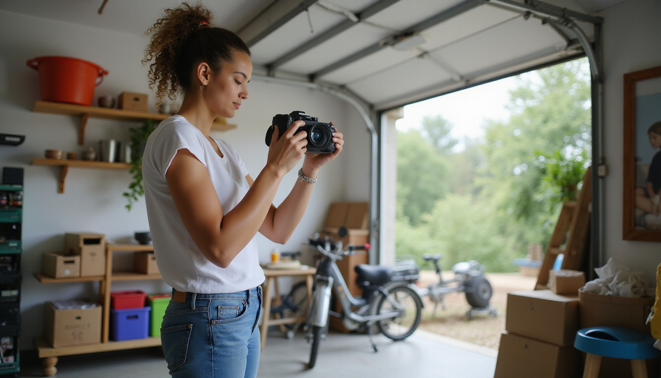 Young seller photographing elliptical for online listing in tidy garage, price tag, natural light
