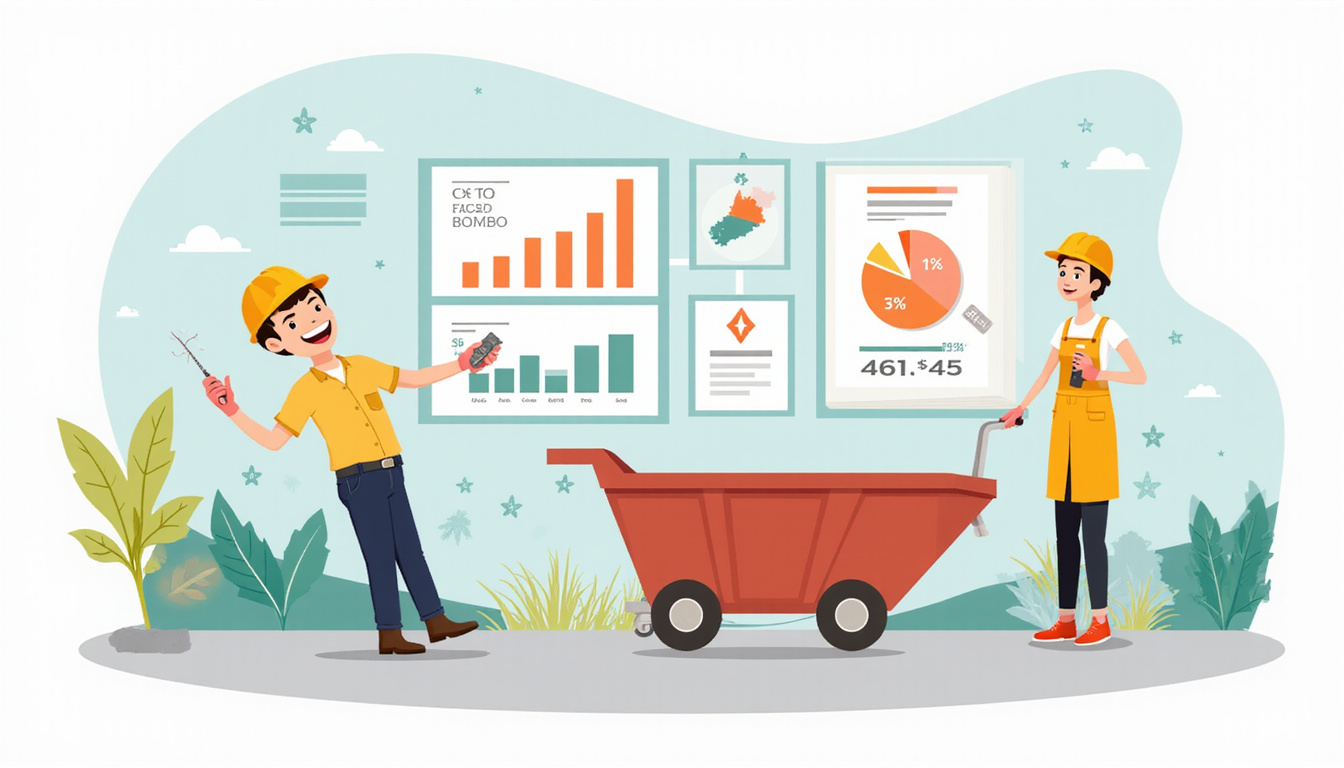 Infographic-style scene: cost charts, rolling dumpster, efficient workflow arrows, happy contractor