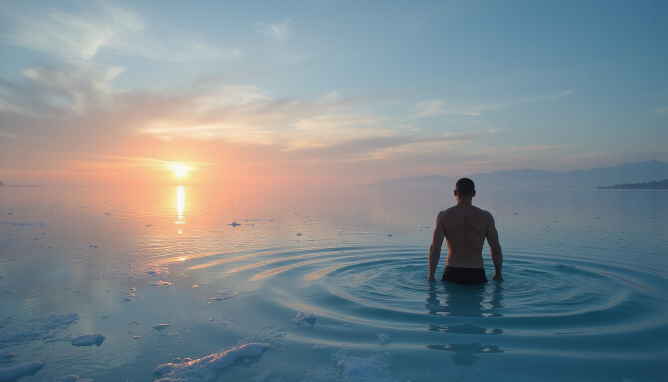  Cold plunge at dawn, disciplined figure emerging from icy water, crystalline clarity, cinematic light