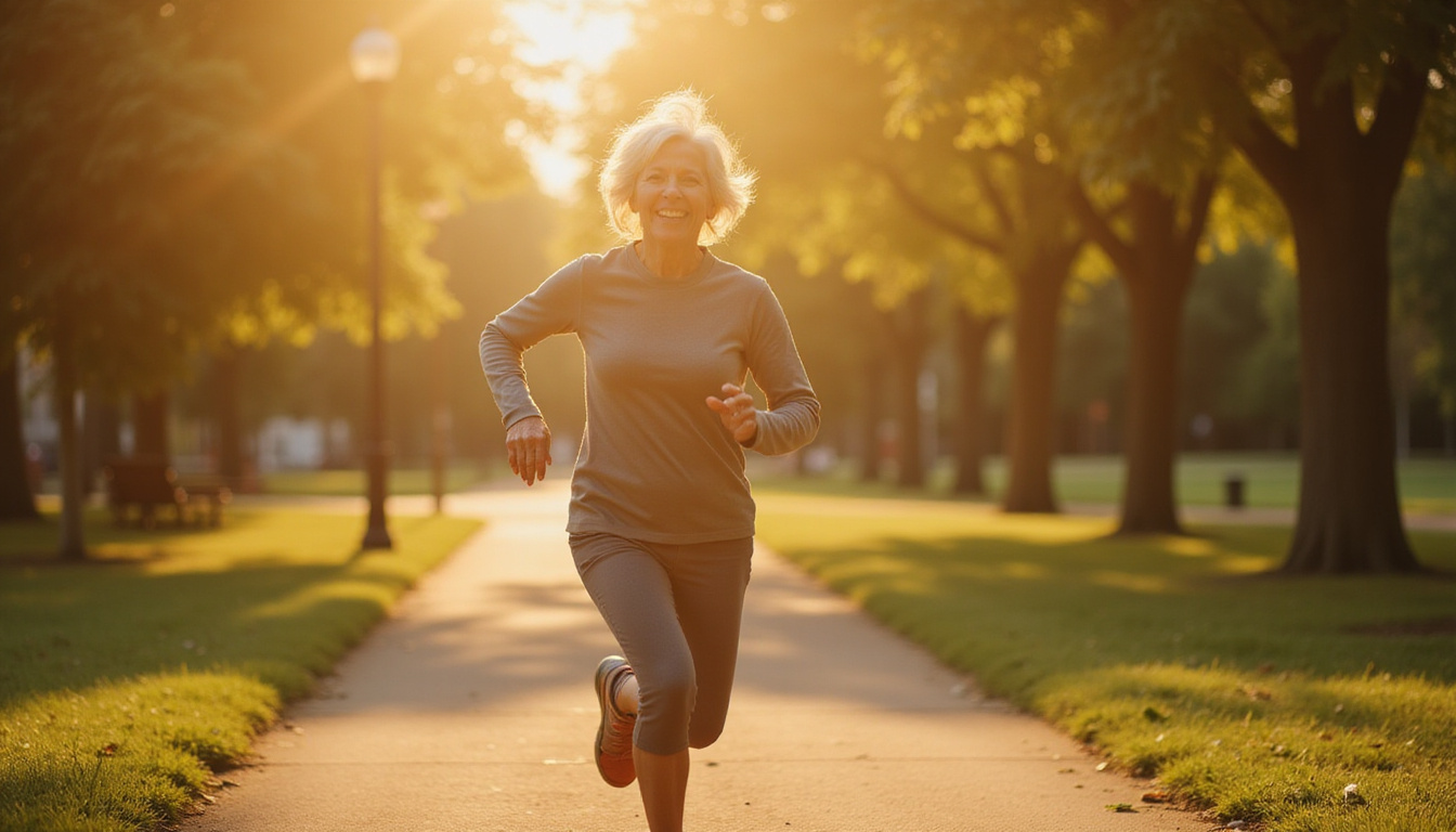  Elderly woman joyfully running in park, healed knee glowing softly, pain dissolving into light