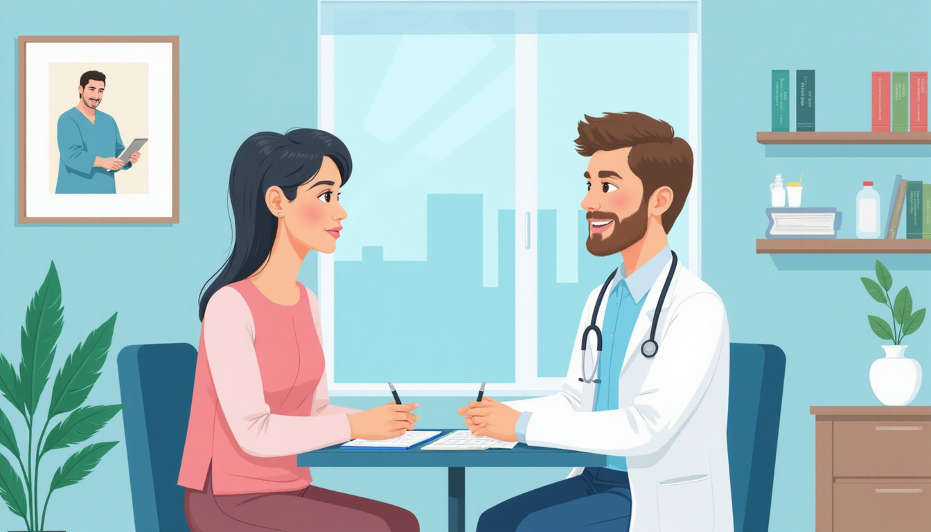  Patient consulting doctor in bright clinic, step-by-step dosing infographic, calm supportive tone