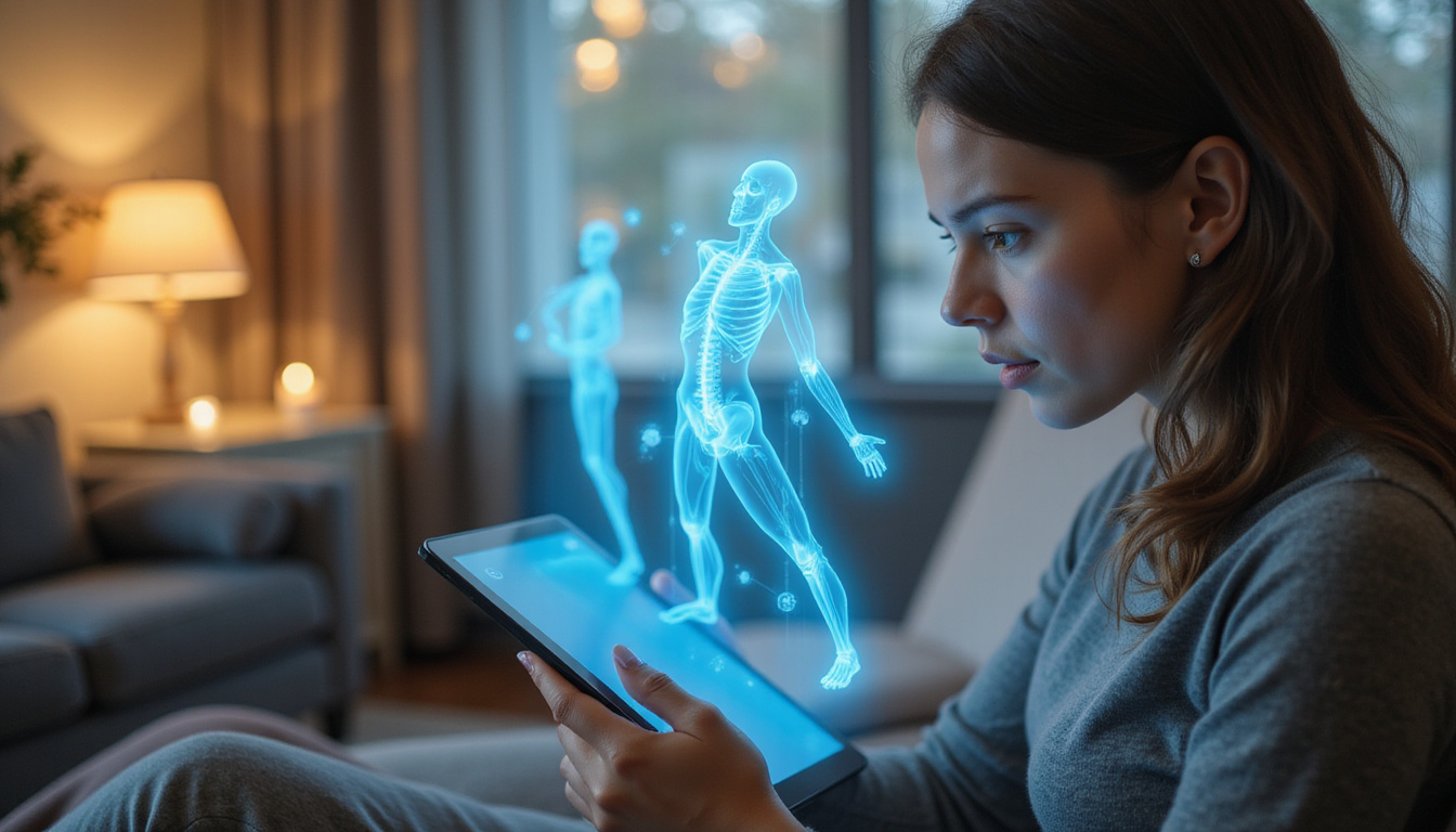 Young woman doing guided physiotherapy at home, holographic personalized exercise plan glowing above tablet
