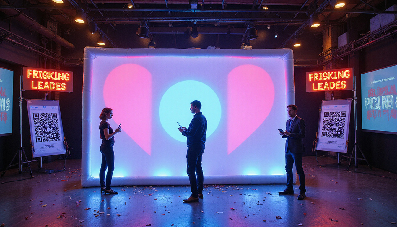  Bold inflatable pop-up backdrop, QR codes, friendly staff scanning leads, confetti, neon accents