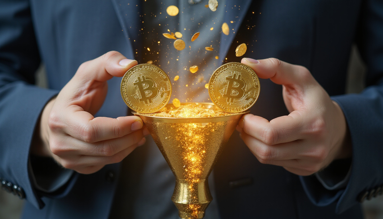 Close-up hands adjusting golden ROI dials, money flowing into pixelated sales funnel, hyperreal