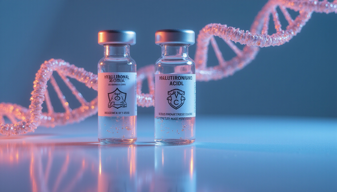  Futuristic hyaluronic acid biosimilar vial, DNA-like strands, shield icon symbolizing safety, price tag low
