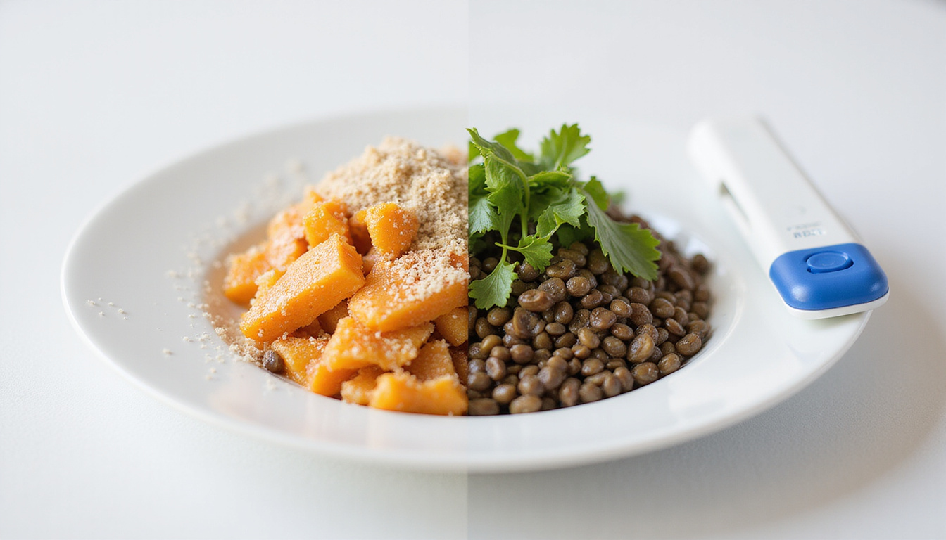  Split-screen: glucose monitor spike from sugary dessert versus steady line with lentil salad