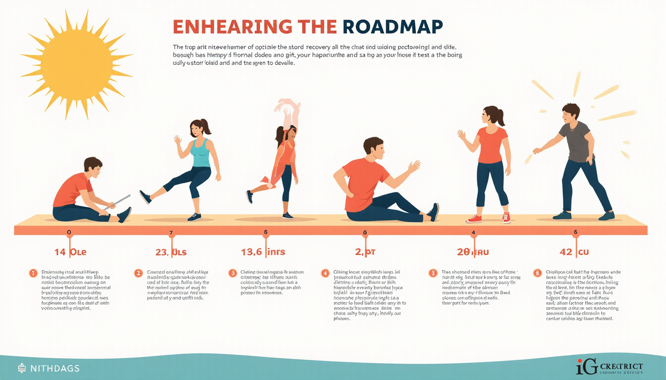 Minimalist infographic roadmap of recovery, physical therapy exercises, progress bars, uplifting warm palette