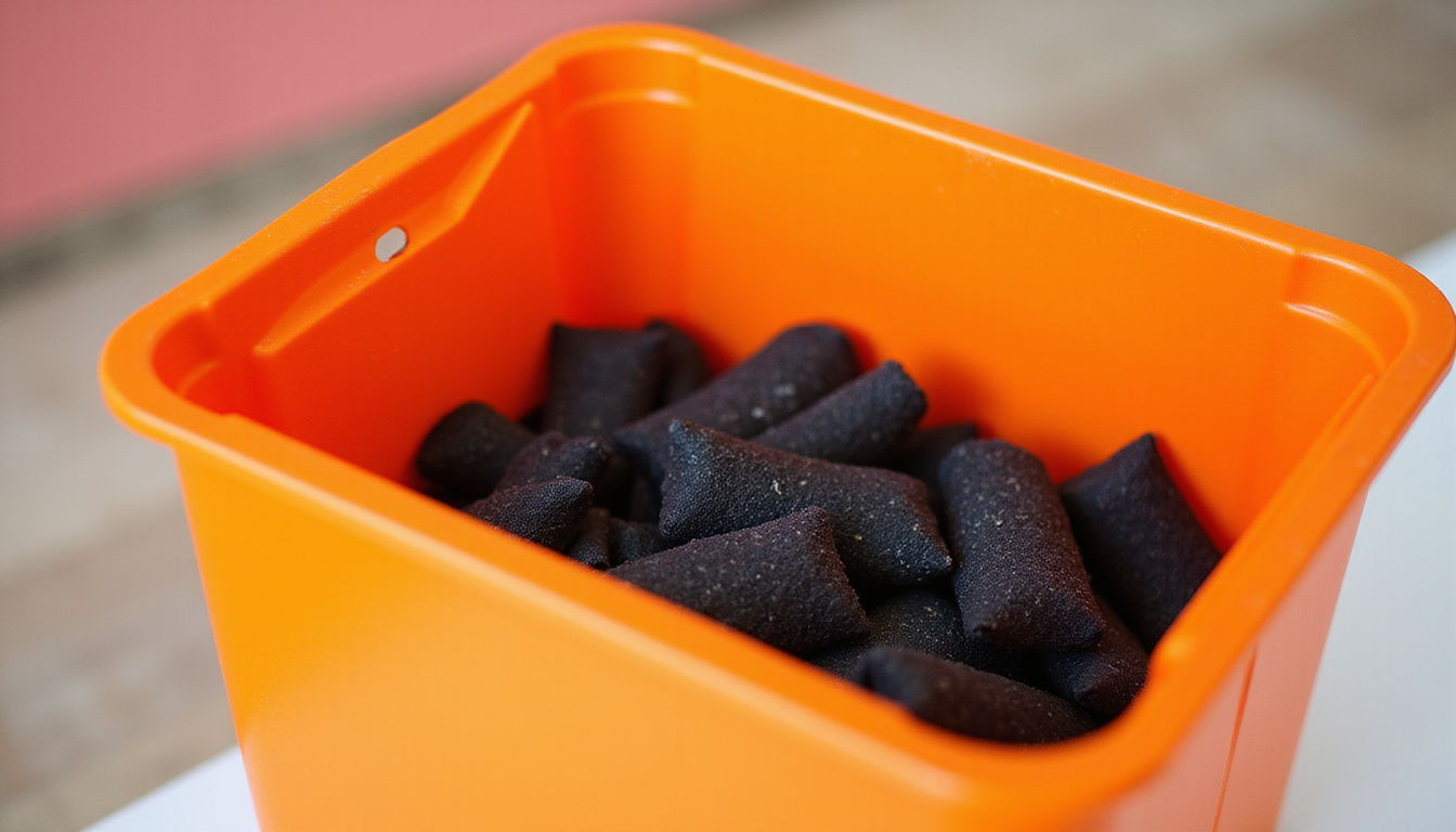 close-up interior of plastic bin deodorized with activated charcoal sachets, vinegar spray, no pests