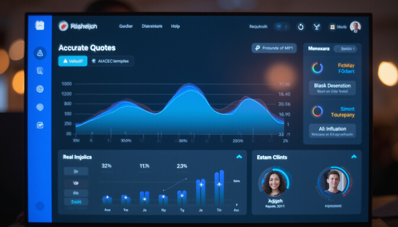 digital dashboard showing instant accurate quotes, speed lines, checkmarks, calm smiling client, high-tech interface