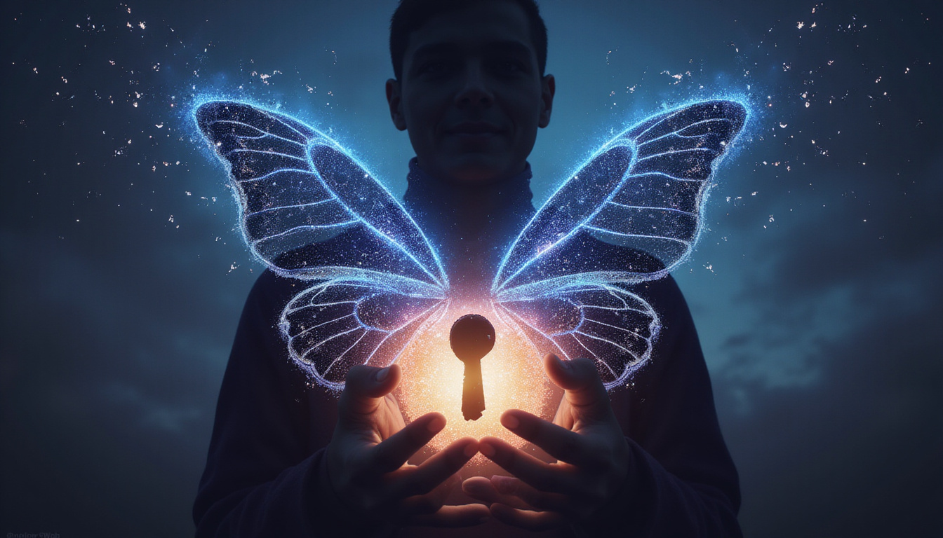  Silhouette unlocking glowing keyhole in chest metamorphosing into constellation butterfly wings radiant energy