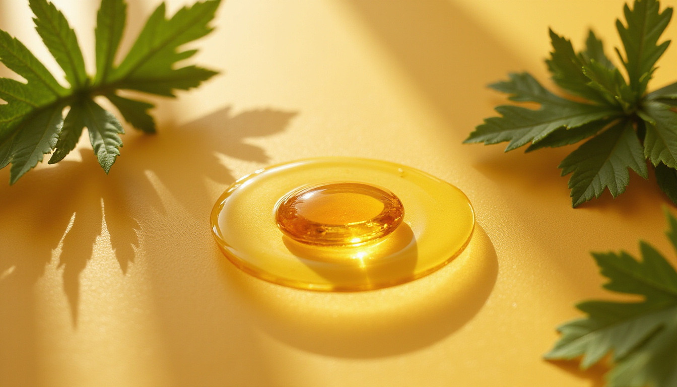  Close-up golden droplet of algae oil on radiant skin, botanical leaves, minimalist beauty packaging
