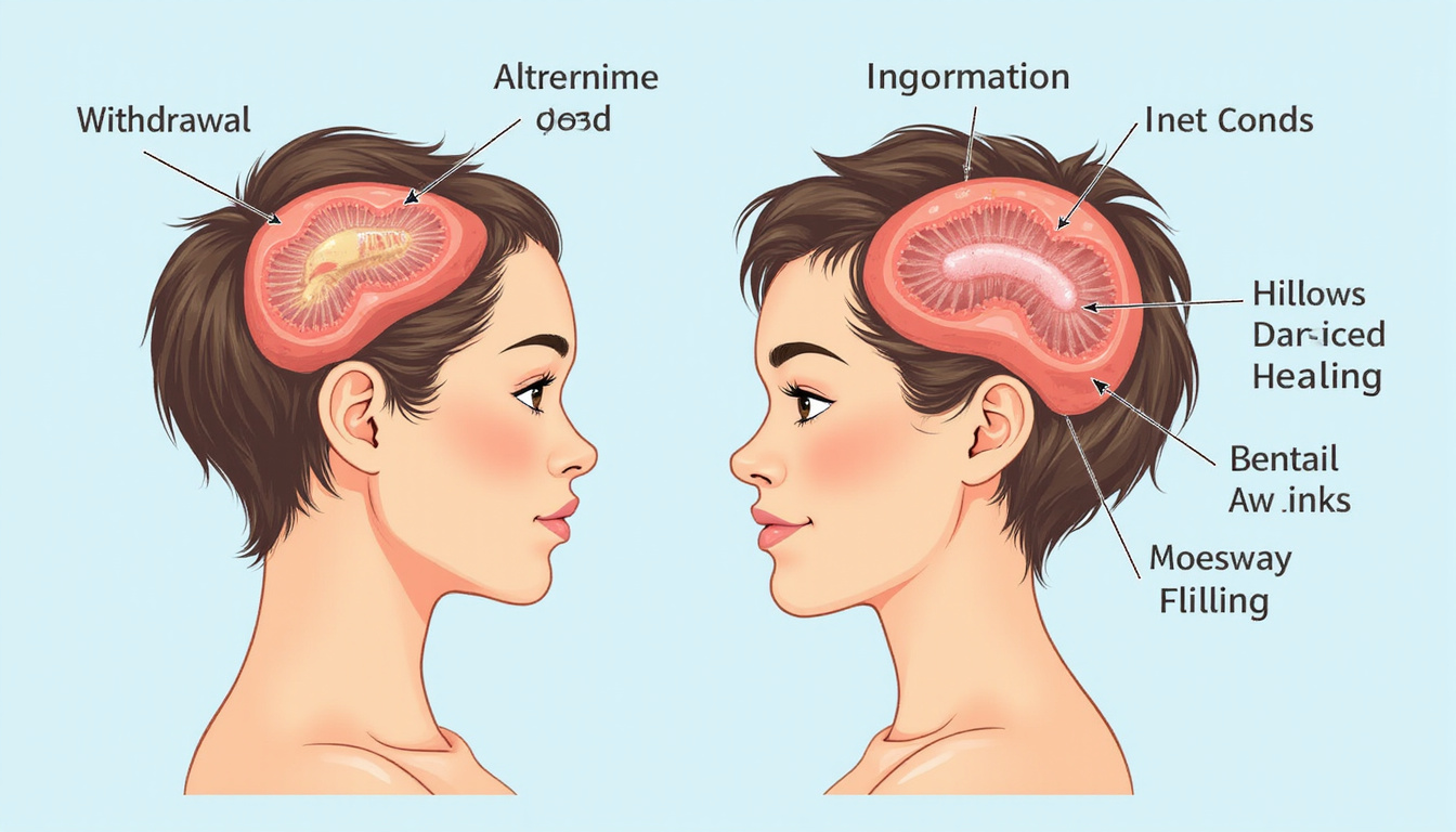  Medical illustration of scalp showing triggers: medication withdrawal, inflammation, follicles damaged and healing