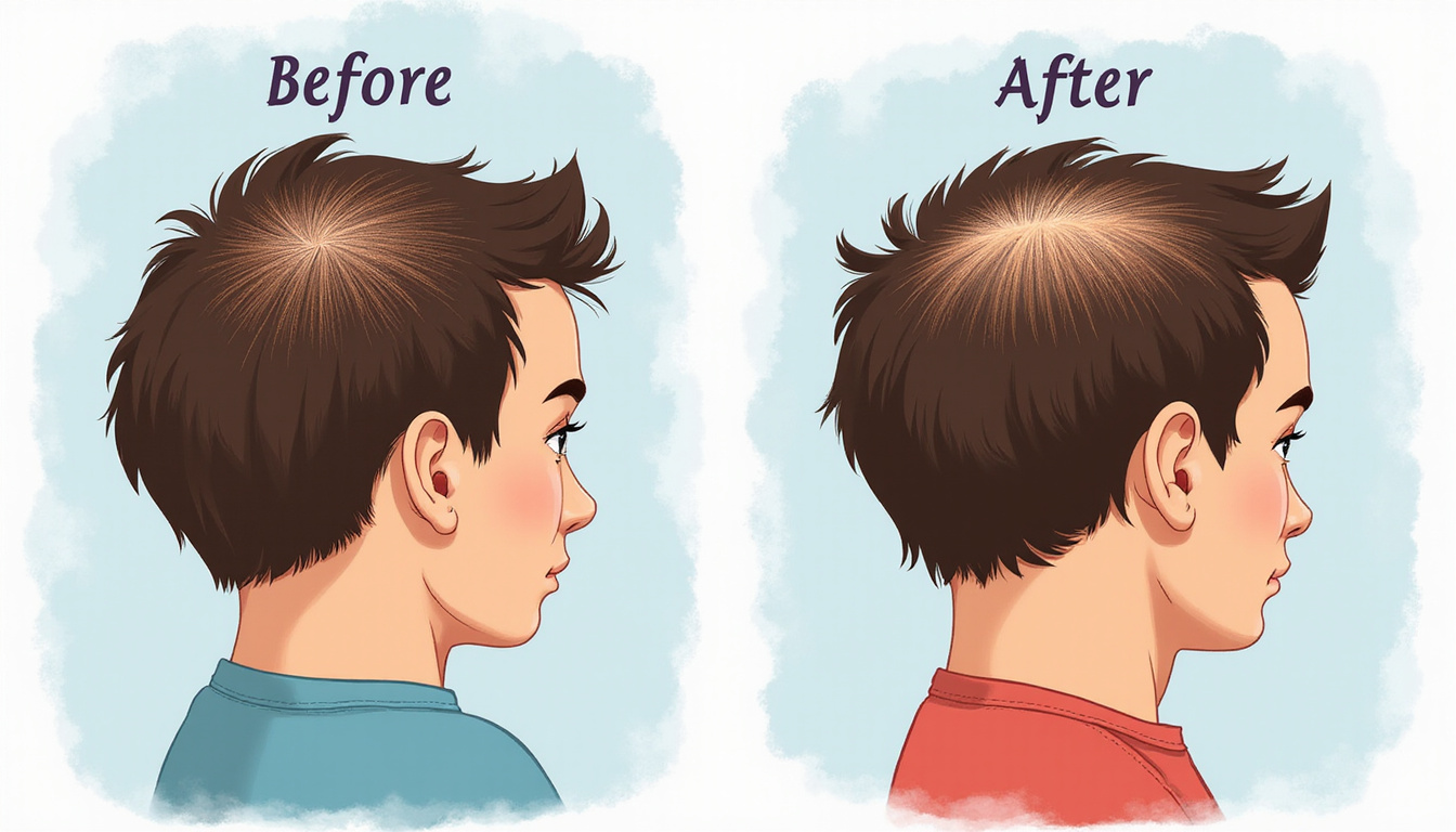  Before and after scalp growth transformation, vibrant hair density, expert tips notebook, minimalist background