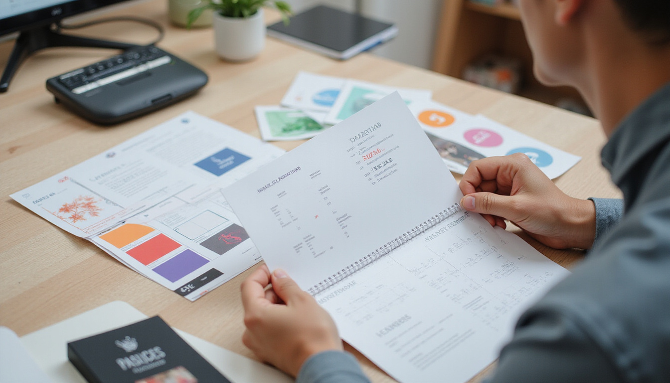  Entrepreneur examining low-cost calendar prototypes, brand logos, color swatches, eco-friendly paper textures