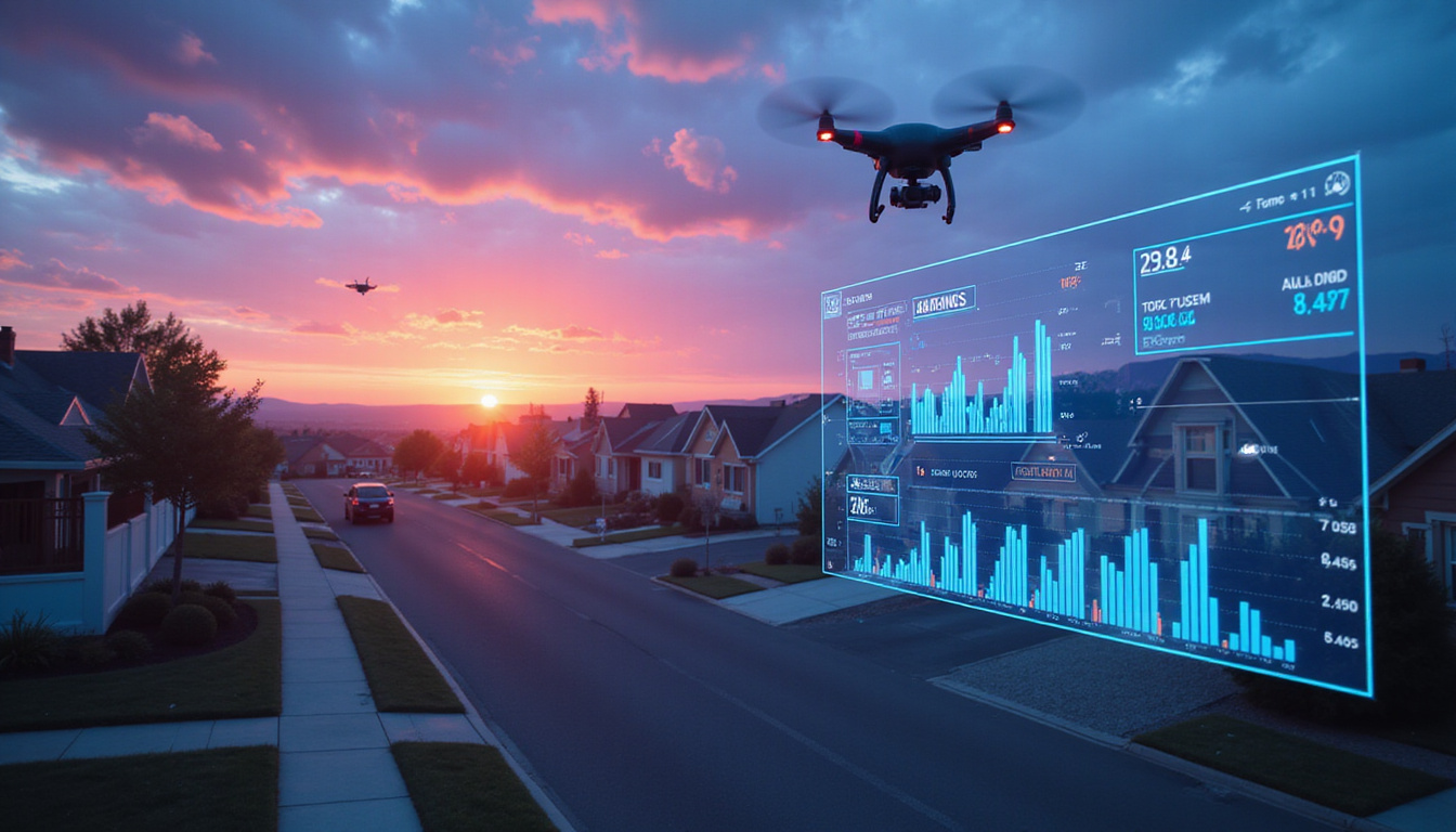  Futuristic dashboard projecting ROI metrics onto neighborhood, drones scanning houses at dusk