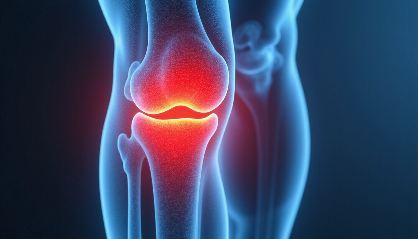  Knee X-ray with red highlighted inflammation, shadowy warning labels, torn prescription leaflet