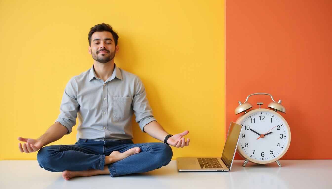 Businessperson meditating beside laptop and clock, streamlined schedule icons, renewed clarity, modern minimalism