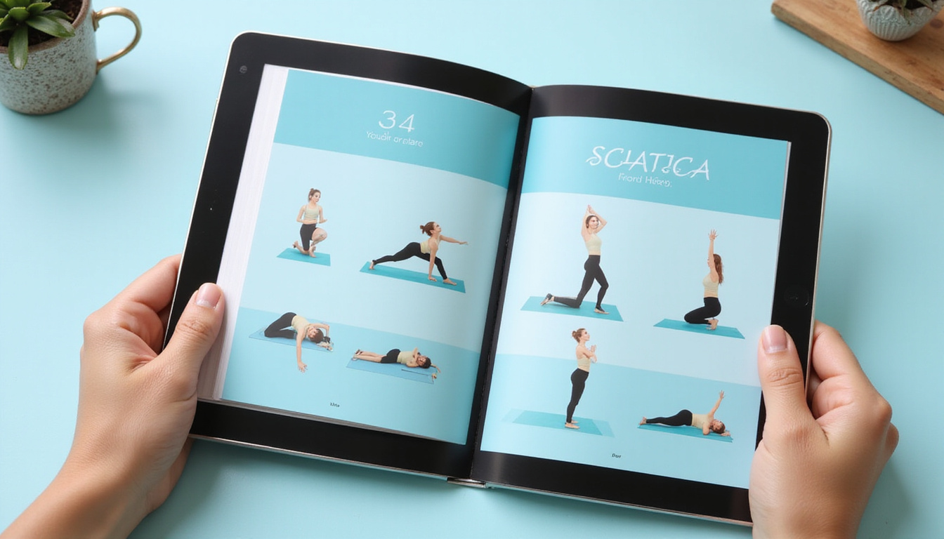 Open PDF on tablet showing step-by-step sciatica routine, illustrated poses, calming blue palette
