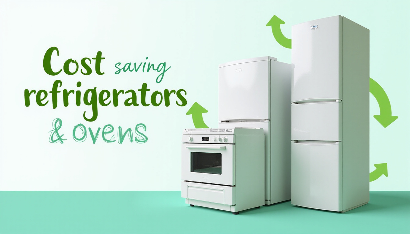 Cost-saving infographic overlay, stack of refurbished refrigerators and ovens, green arrows, minimal waste