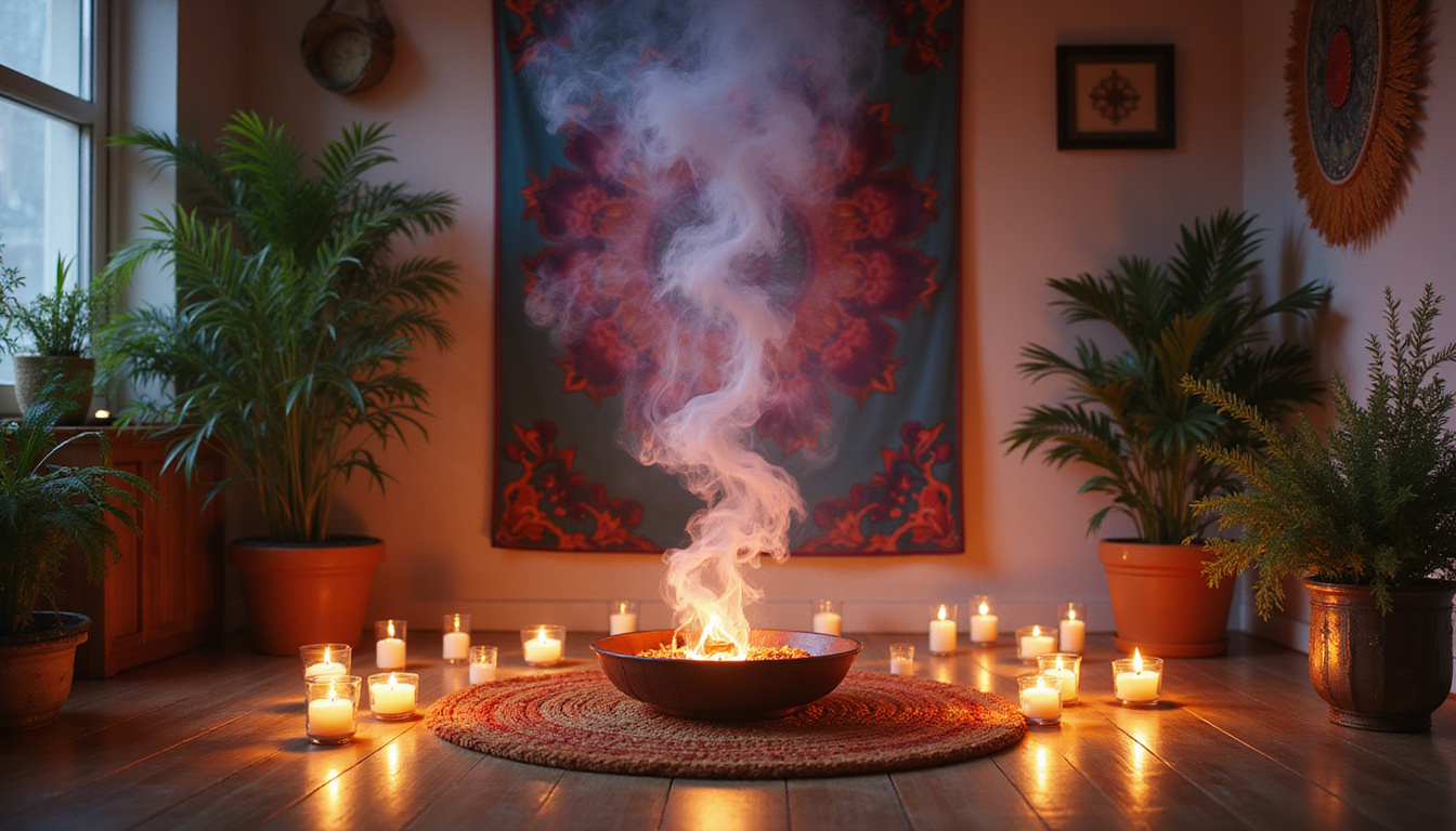 Evening sanctuary scene: incense smoke spirals, lit candles, houseplants, calming tapestries, wooden floor