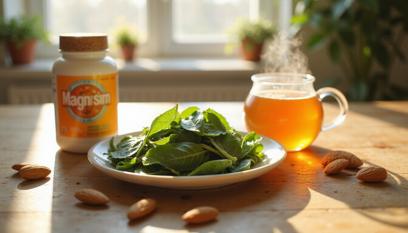  Sunlit kitchen table with spinach, almonds, pumpkin seeds, magnesium supplement, steaming tea, energized glow