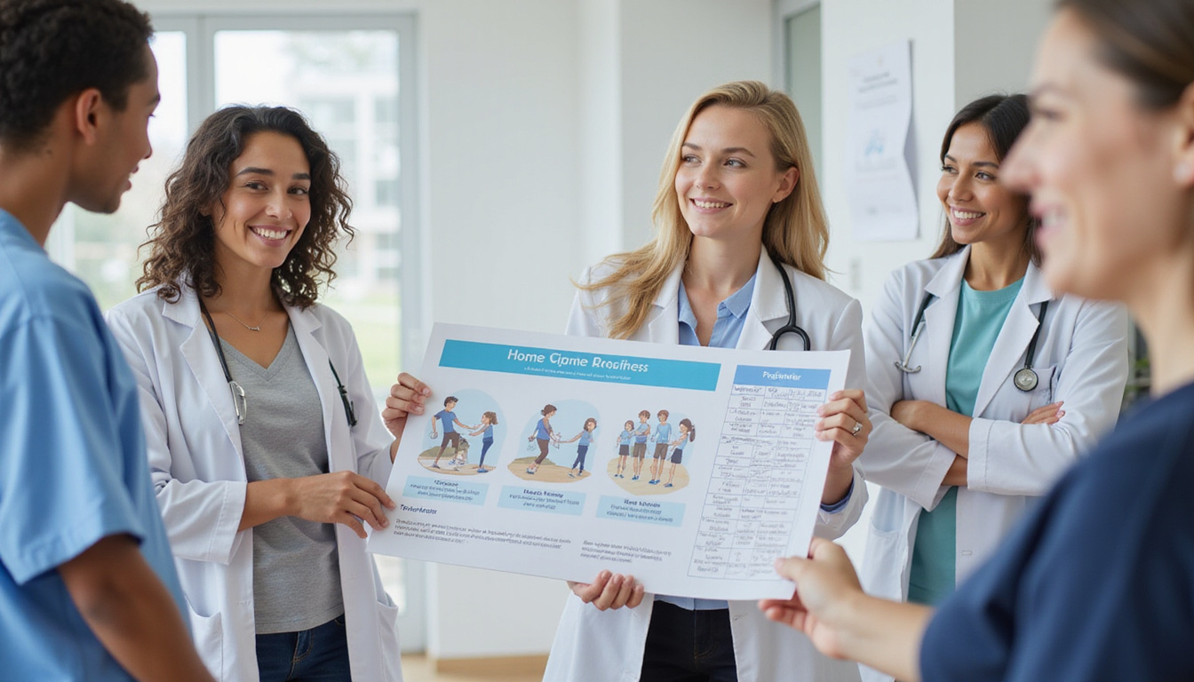 Diverse clinicians demonstrating home exercise program, illustrated step-by-step posters, supportive smiling patient tracking milestones