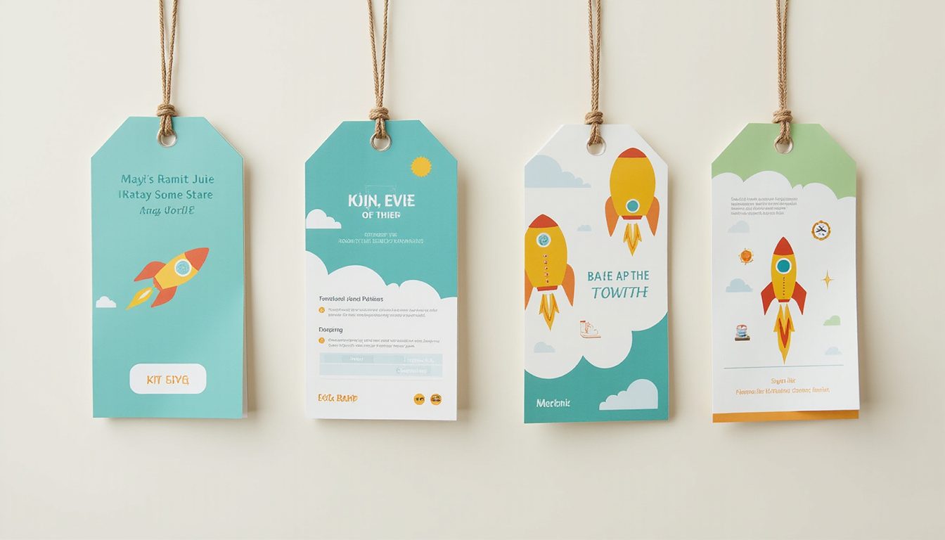 minimalist eco-friendly hang tag design soaring like rocket, sales graphs, clean layout, eye-catching color