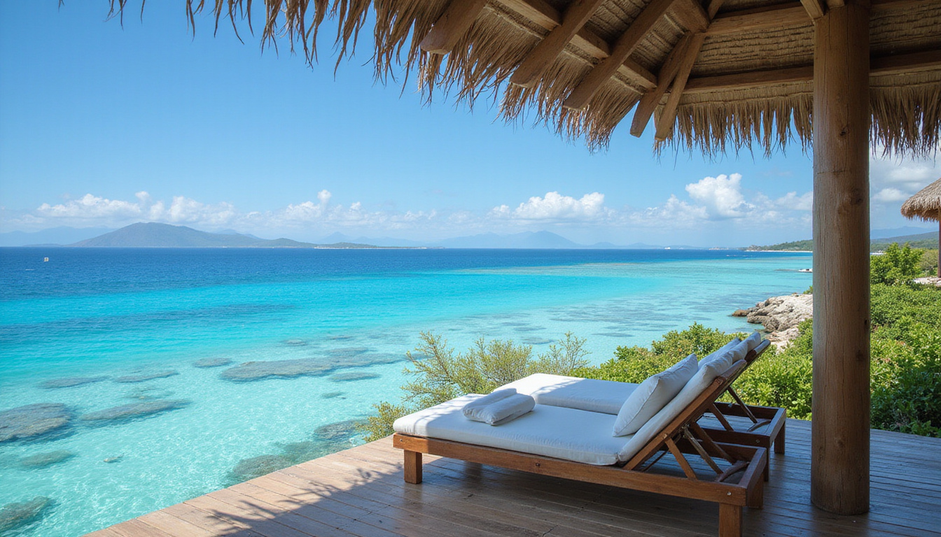  Red Sea coral reefs visible from wooden bungalow terrace, lounge chairs, calm azure waters