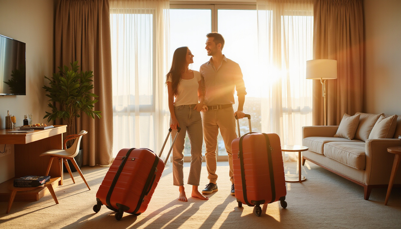  Joyful couple unpacking designer luggage in sunlit five-star suite, discount voucher glowing