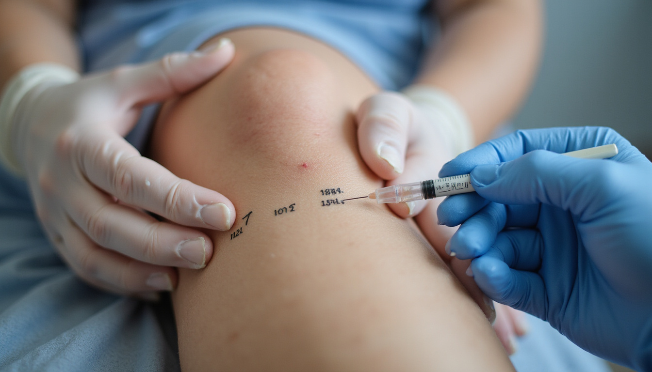  Close-up labeled knee landmarks, gloved hand marking injection site, patient relaxed, soft healing light