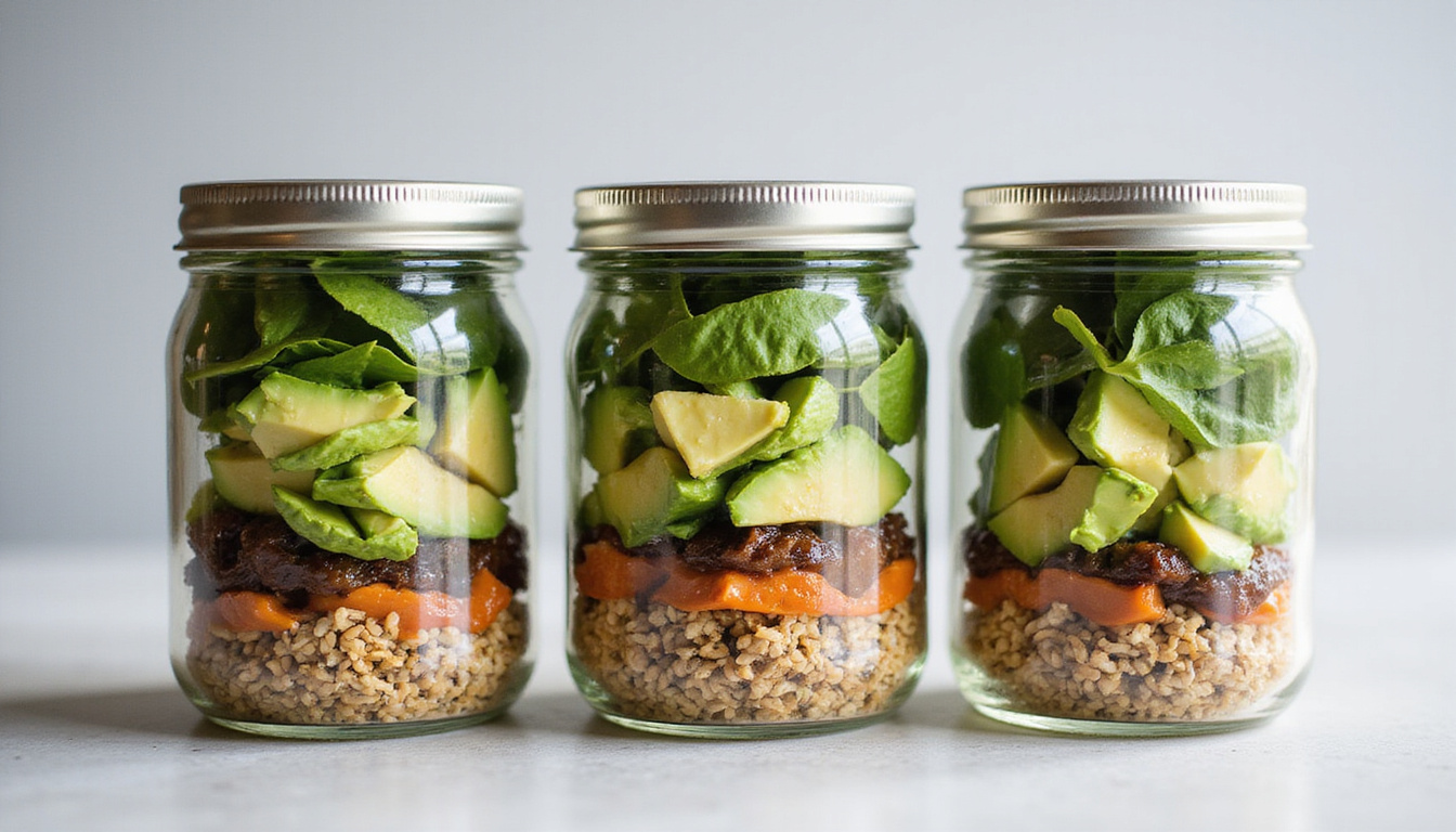 Low-carb pescatarian meal prep jars with avocado, smoked mackerel, spinach, lemon, time-saving labels
