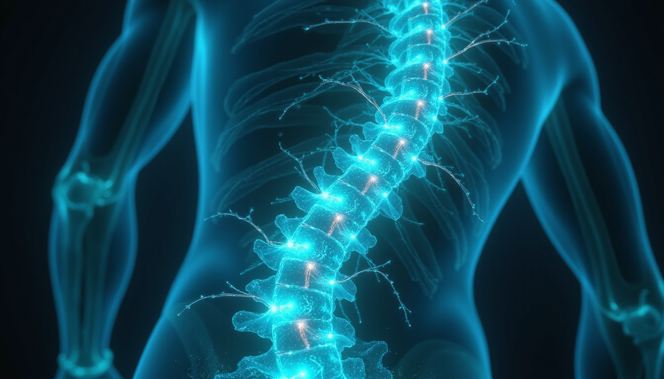  Futuristic glowing spine illustration showing targeted injection healing nerves, blue-green energy, serene clinical background