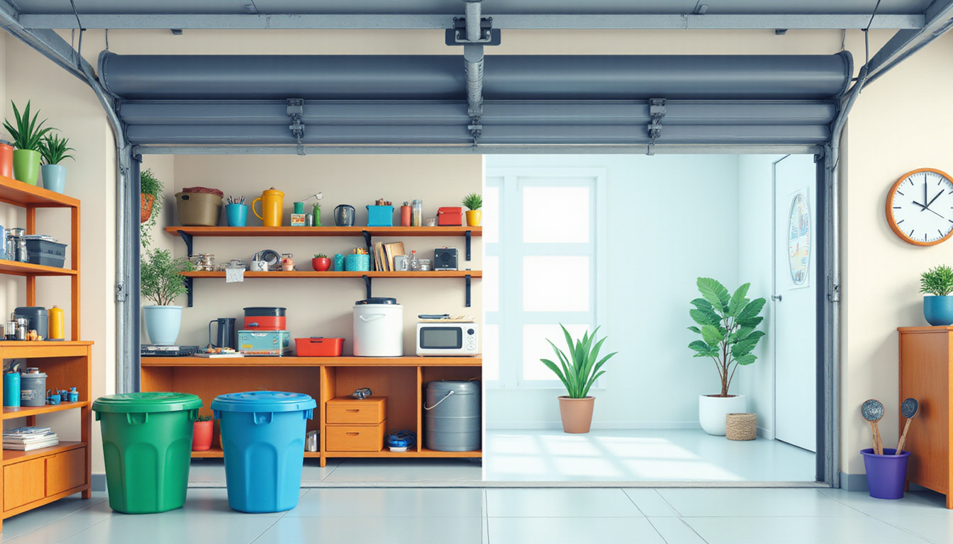 Stylized infographic scene: cluttered garage transforming into minimalist space, recycling bins, clock showing fast progress