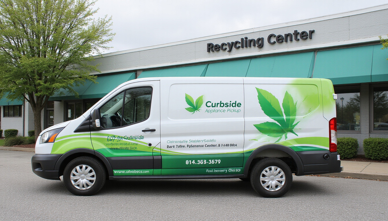 Curbside appliance pickup van with green leaf logo, recycling center backdrop, fast service