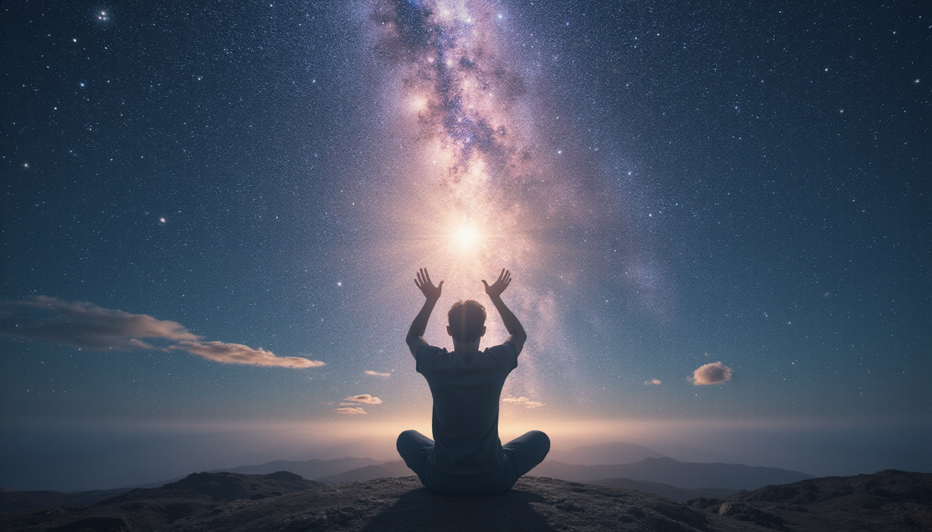 Transcendent human silhouette cradling a miniature galaxy, light streams outward into infinite landscape, mystical realism