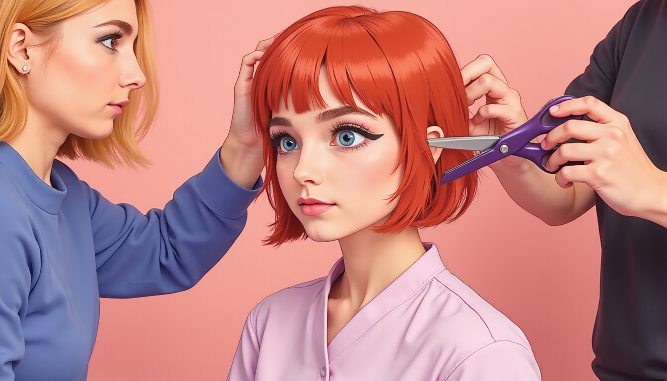  Close-up styling scene: scissors, clippers, hands shaping gender-affirming short and long looks